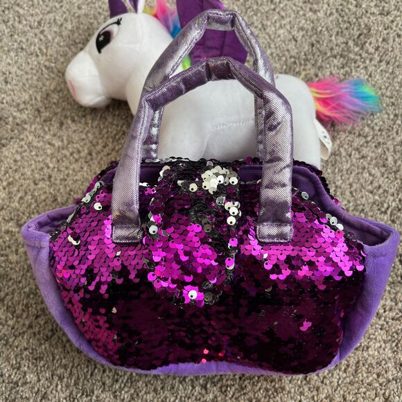 Little Jupiter Rainbow Winged Unicorn w/ Purple Reverse Sequined Carry Bag 9.5" - Picture 8 of 8